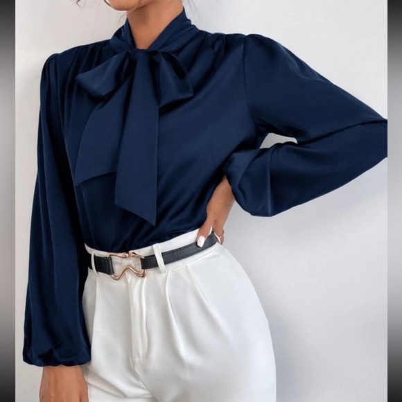 Classic Elegant Satin Tie Neck Work Office Top Blouse Shirt Green - Picture 6 of 16